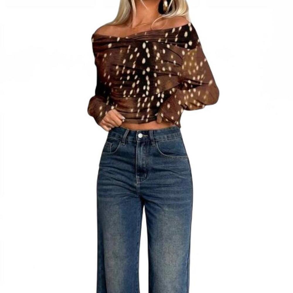 Brown Long Sleeve Animal Print Top Women's Small - Picture 6 of 6